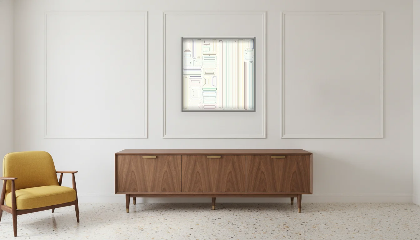 A Lumen & Logic artwork hanging in a Mid-Century hotel interior — Executive suite · Palm Springs