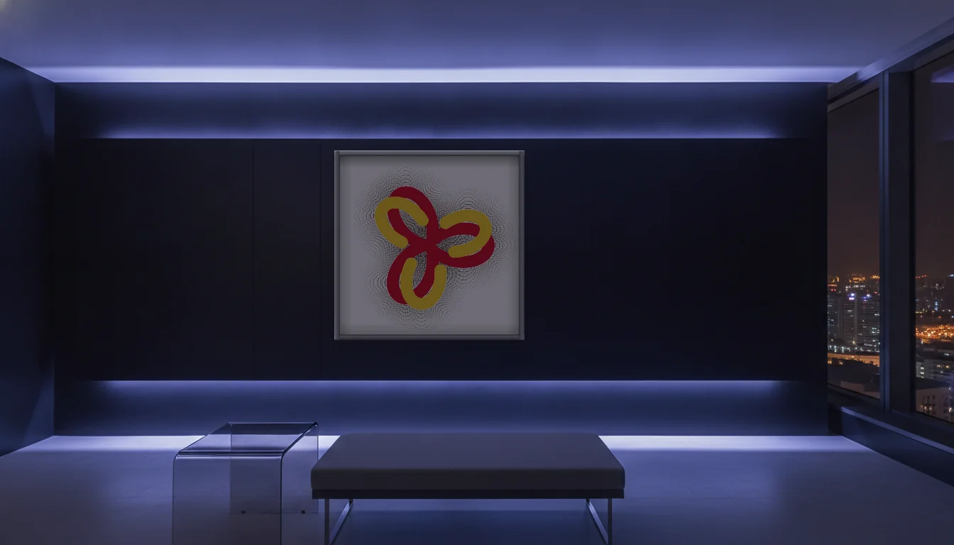 A Lumen & Logic artwork hanging in a Neon hotel interior — Skyband hub · Singapore