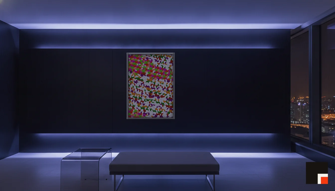 A Lumen & Logic artwork hanging in a Neon hotel interior — Skyband hub · Singapore