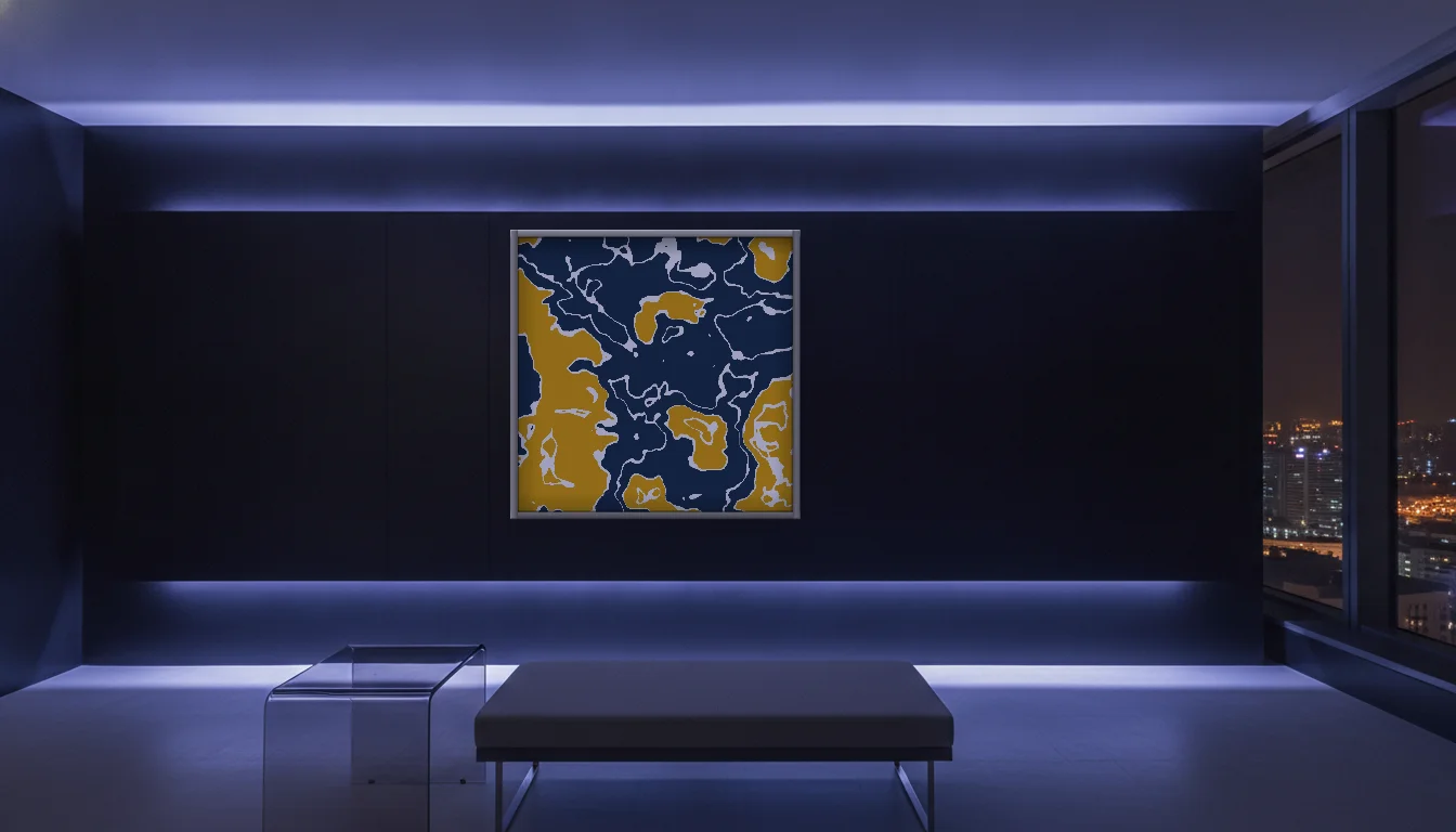 A Lumen & Logic artwork hanging in a Neon hotel interior — Skyband hub · Singapore