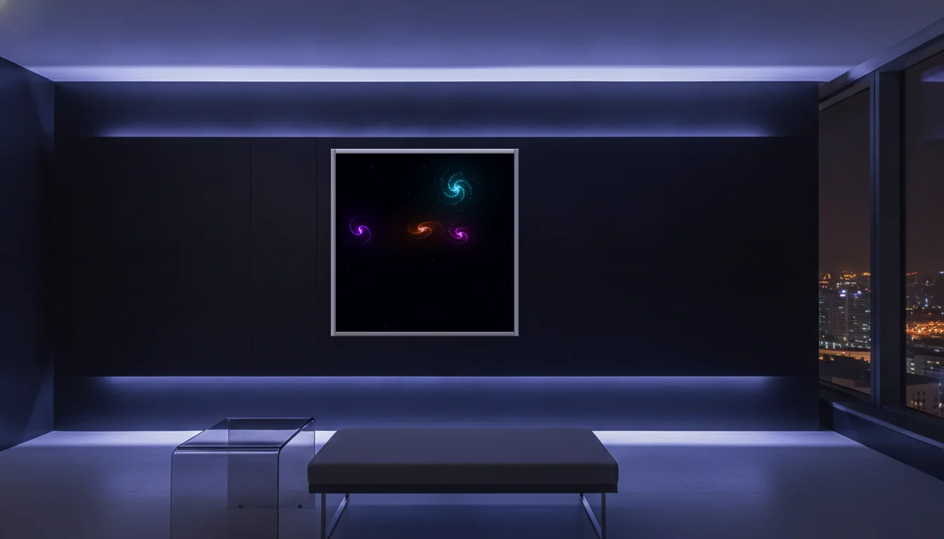 A Lumen & Logic artwork hanging in a Neon hotel interior — Skyband hub · Singapore