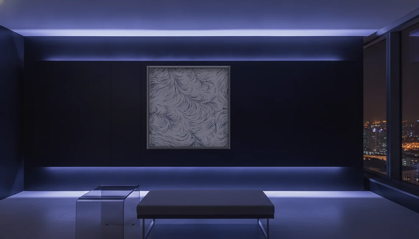 A Lumen & Logic artwork hanging in a Neon hotel interior — Skyband hub · Singapore