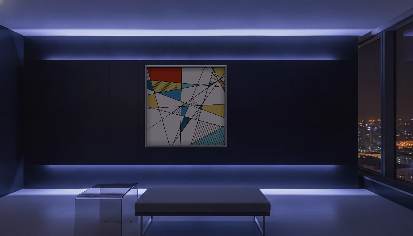 A Lumen & Logic artwork hanging in a Neon hotel interior — Skyband hub · Singapore