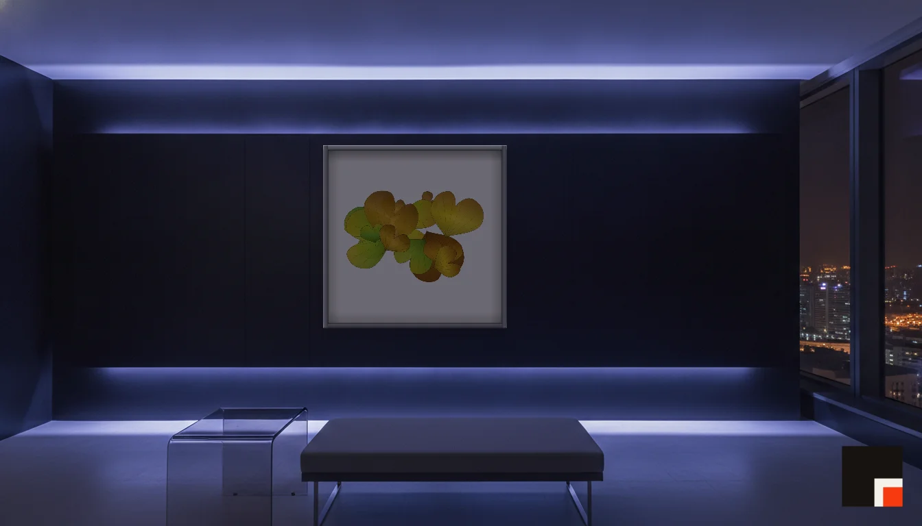 A Lumen & Logic artwork hanging in a Neon hotel interior — Skyband hub · Singapore
