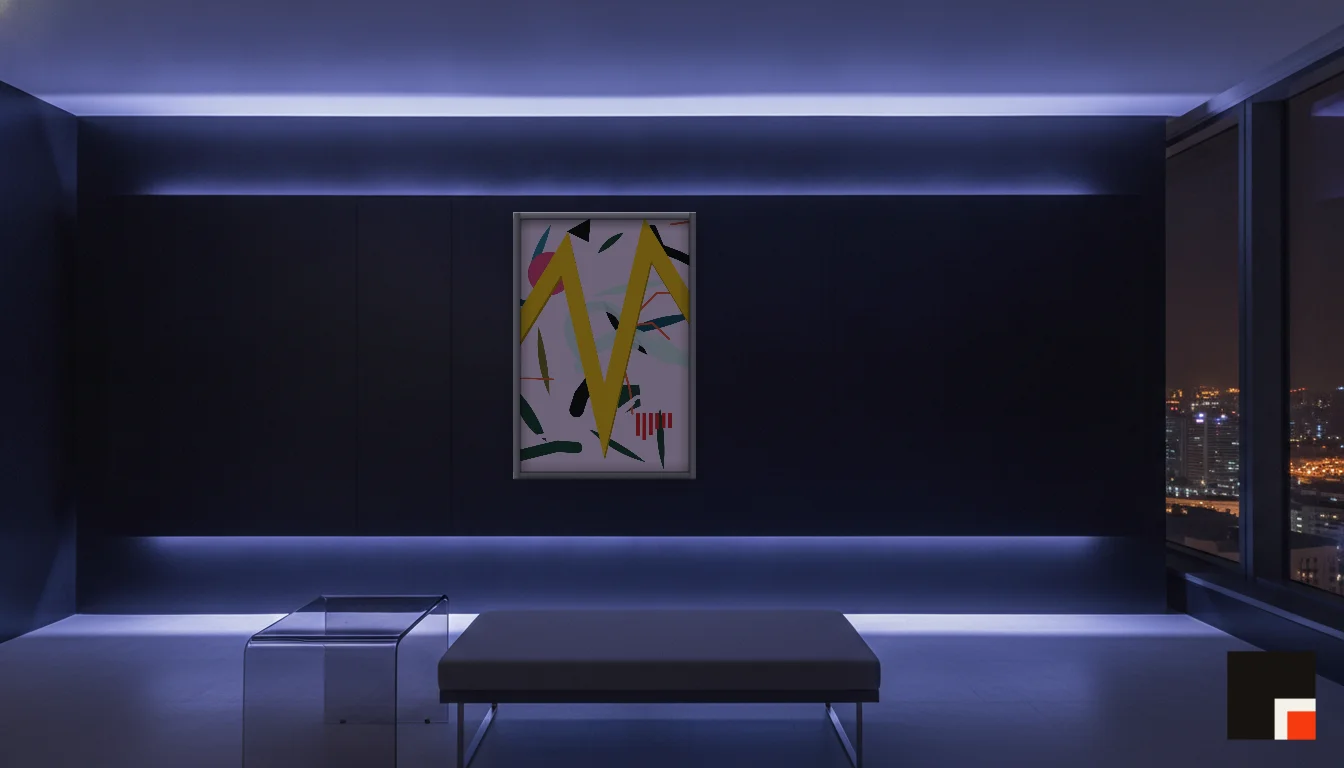 A Lumen & Logic artwork hanging in a Neon hotel interior — Skyband hub · Singapore