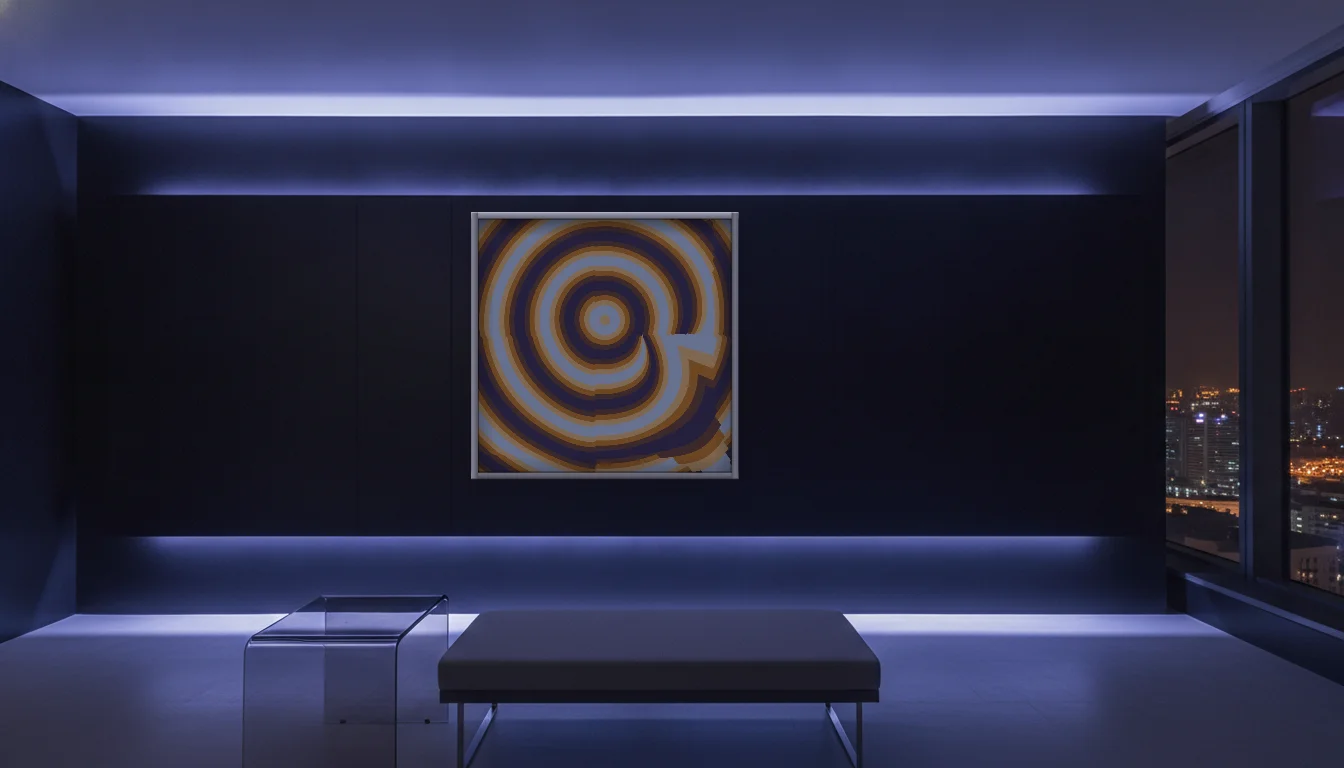 A Lumen & Logic artwork hanging in a Neon hotel interior — Skyband hub · Singapore