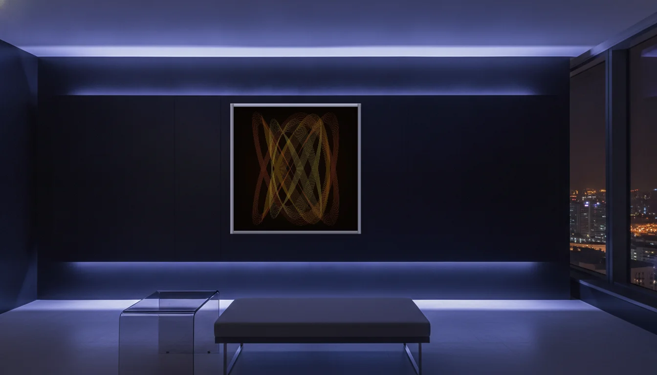 A Lumen & Logic artwork hanging in a Neon hotel interior — Skyband hub · Singapore