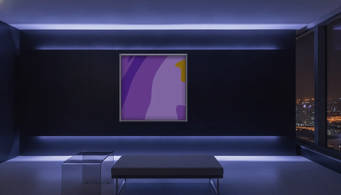 A Lumen & Logic artwork hanging in a Neon hotel interior — Skyband hub · Singapore