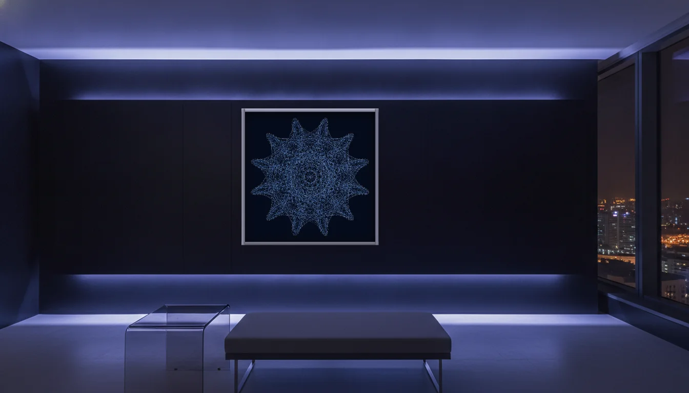 A Lumen & Logic artwork hanging in a Neon hotel interior — Skyband hub · Singapore