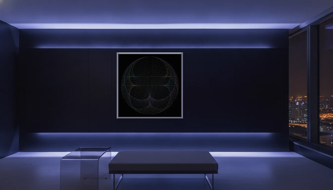 A Lumen & Logic artwork hanging in a Neon hotel interior — Skyband hub · Singapore
