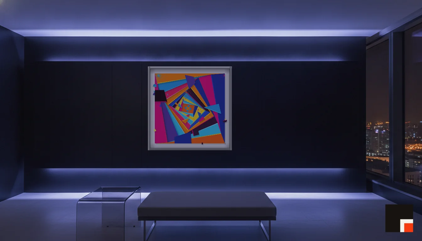 A Lumen & Logic artwork hanging in a Neon hotel interior — Skyband hub · Singapore