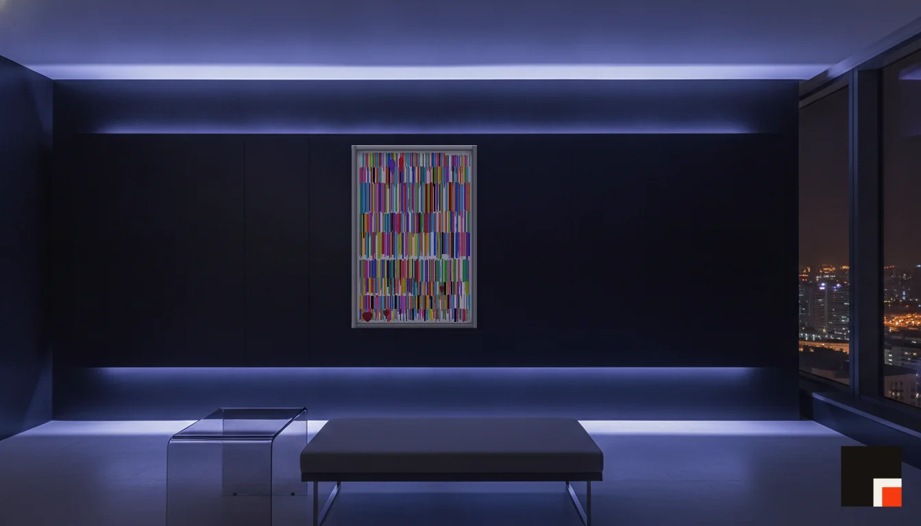 A Lumen & Logic artwork hanging in a Neon hotel interior — Skyband hub · Singapore