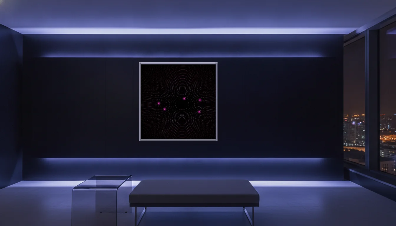 A Lumen & Logic artwork hanging in a Neon hotel interior — Skyband hub · Singapore