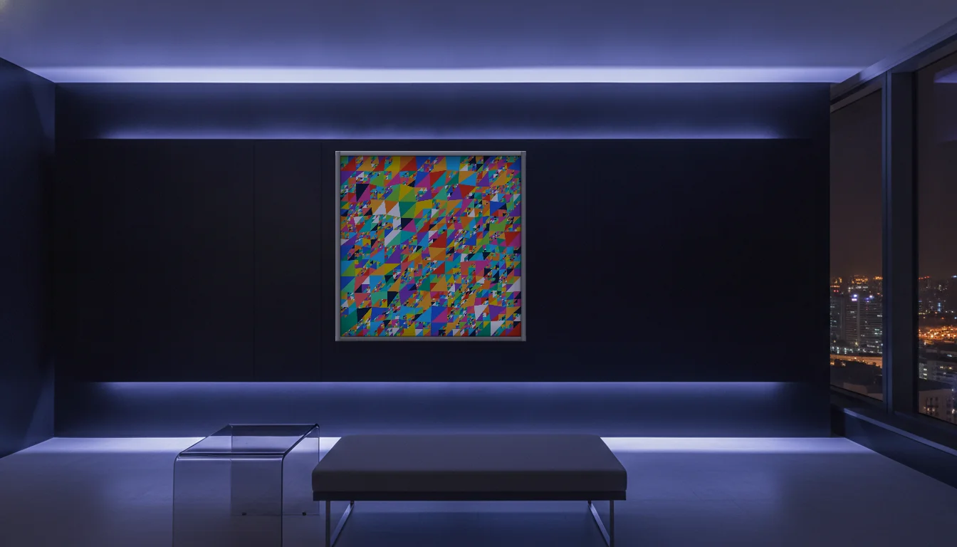 A Lumen & Logic artwork hanging in a Neon hotel interior — Skyband hub · Singapore