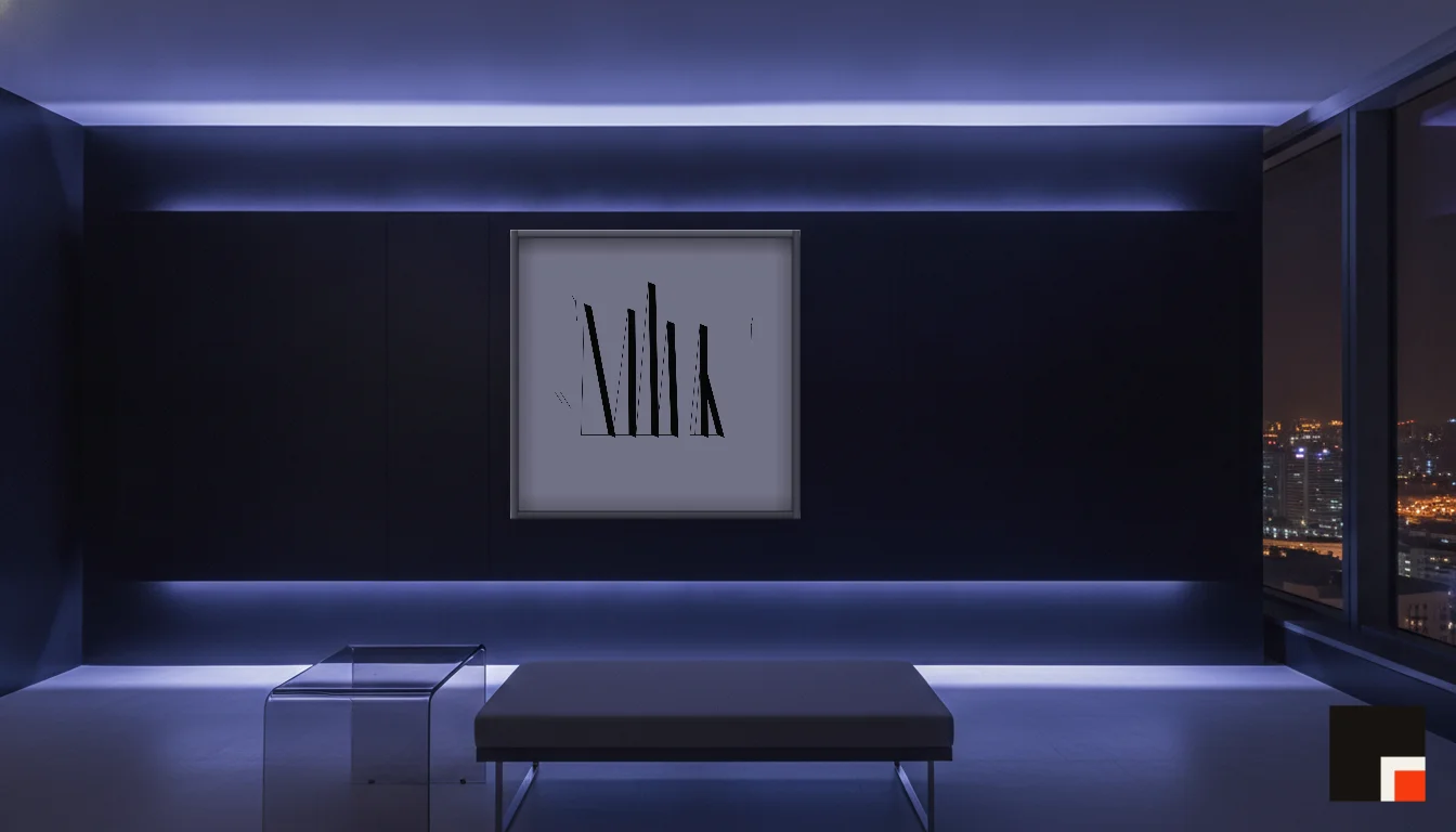 A Lumen & Logic artwork hanging in a Neon hotel interior — Skyband hub · Singapore