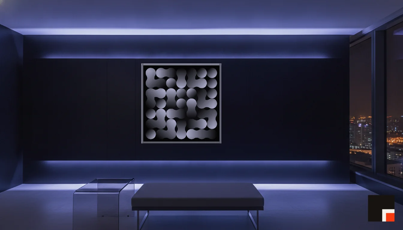 A Lumen & Logic artwork hanging in a Neon hotel interior — Skyband hub · Singapore