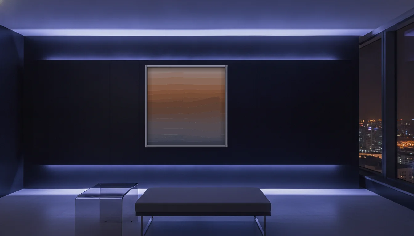 A Lumen & Logic artwork hanging in a Neon hotel interior — Skyband hub · Singapore