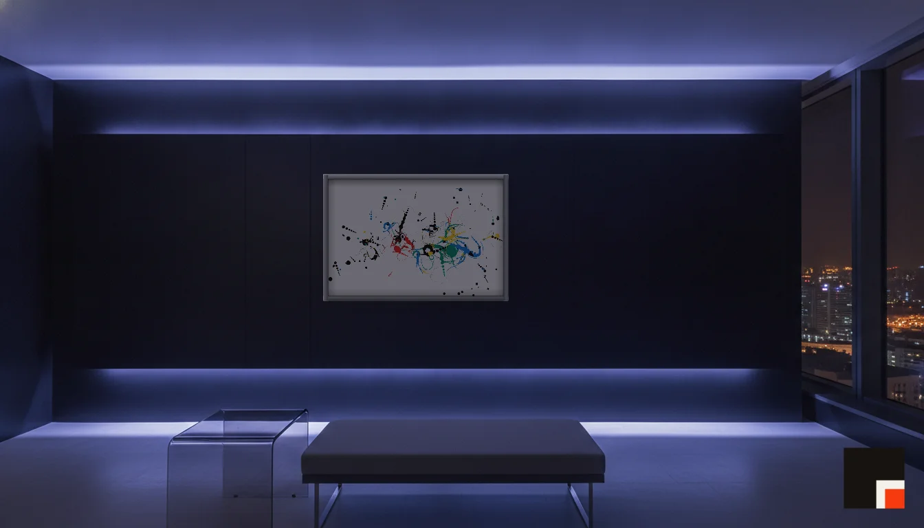 A Lumen & Logic artwork hanging in a Neon hotel interior — Skyband hub · Singapore
