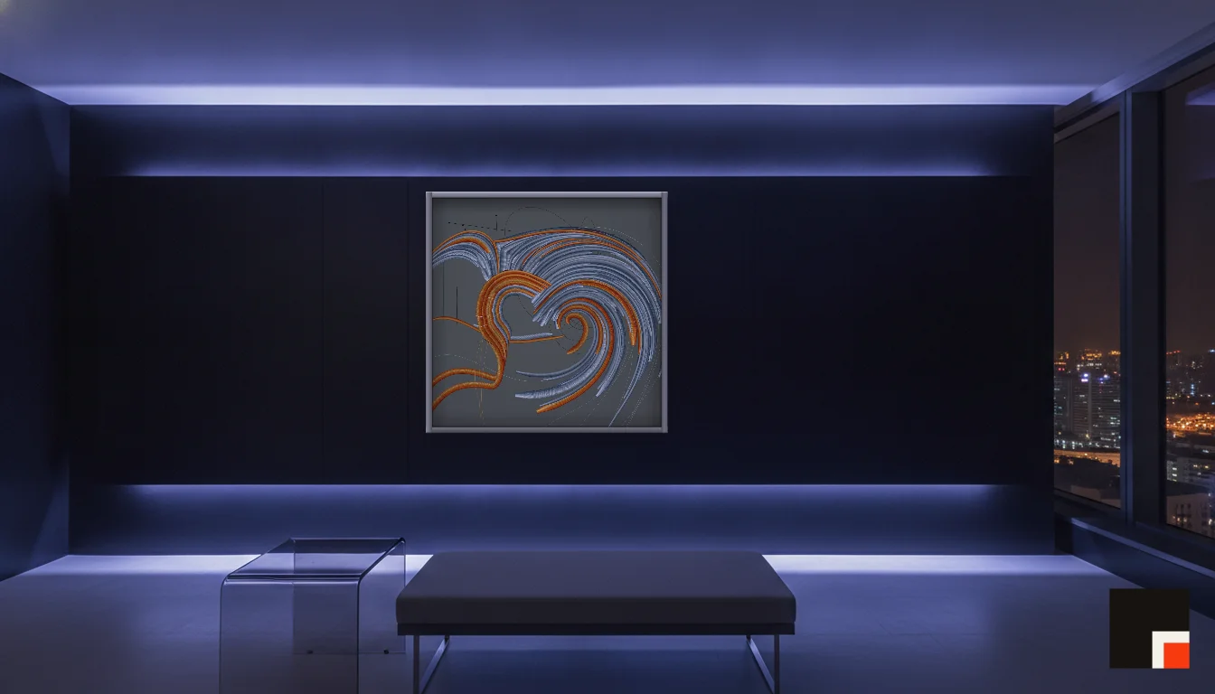 A Lumen & Logic artwork hanging in a Neon hotel interior — Skyband hub · Singapore