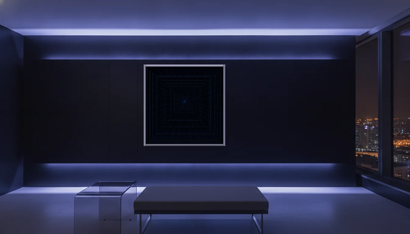 A Lumen & Logic artwork hanging in a Neon hotel interior — Skyband hub · Singapore