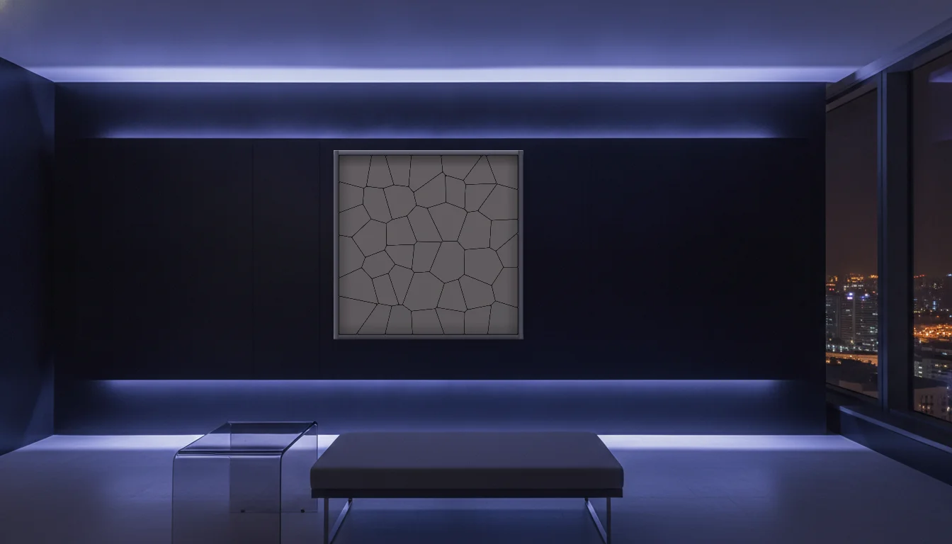 A Lumen & Logic artwork hanging in a Neon hotel interior — Skyband hub · Singapore
