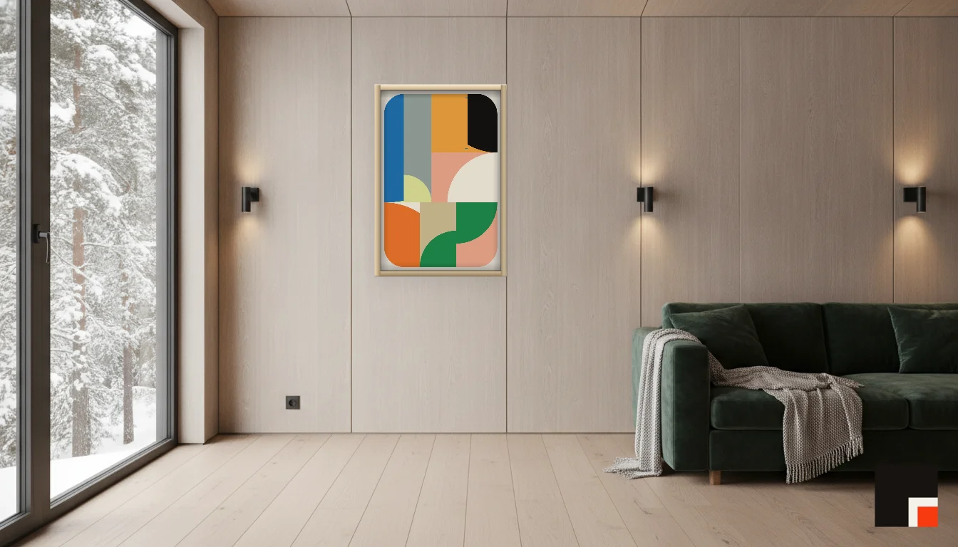 A Lumen & Logic artwork hanging in a Nordic hotel interior — Forest lodge · Lapland