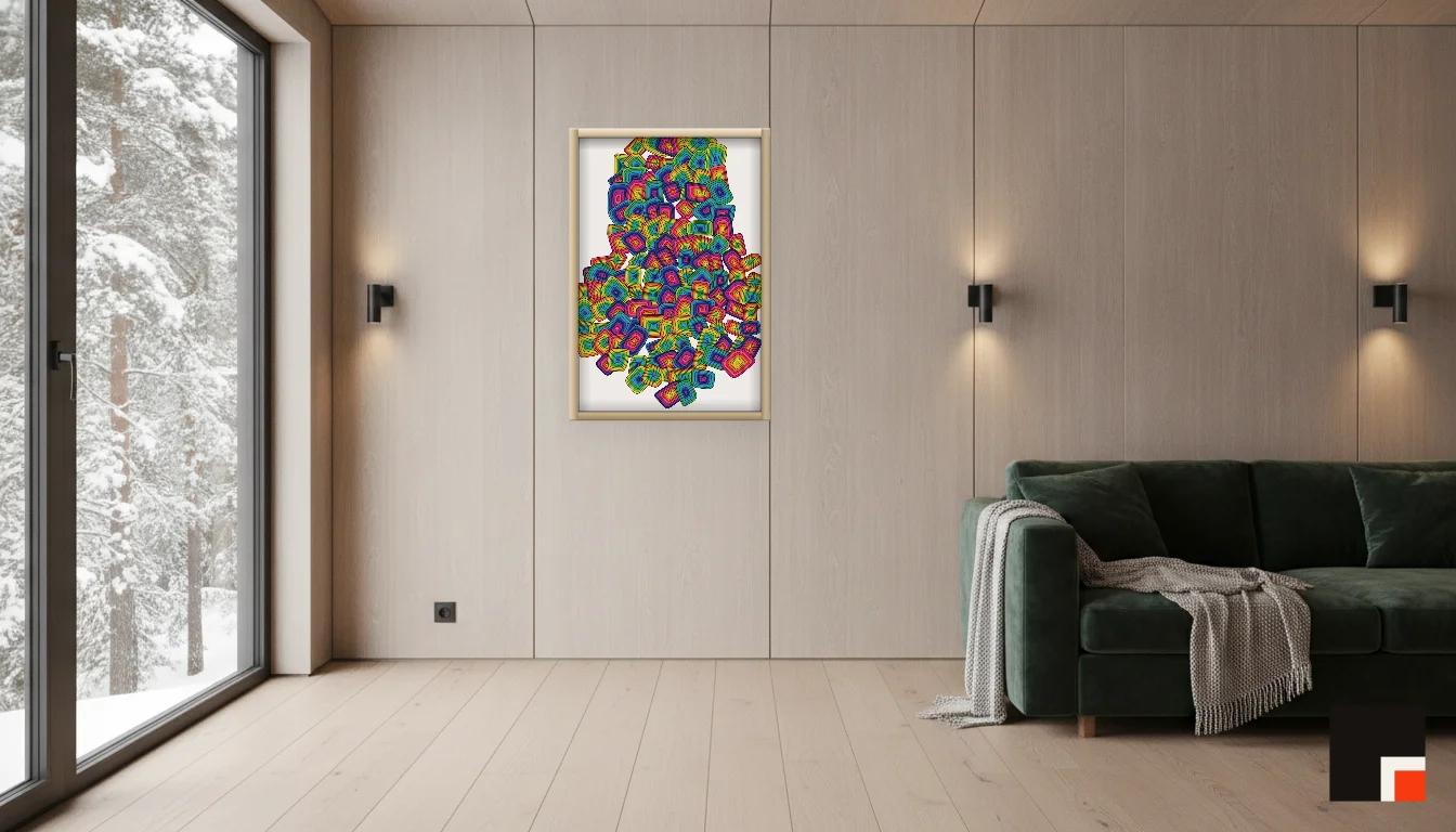 A Lumen & Logic artwork hanging in a Nordic hotel interior — Forest lodge · Lapland