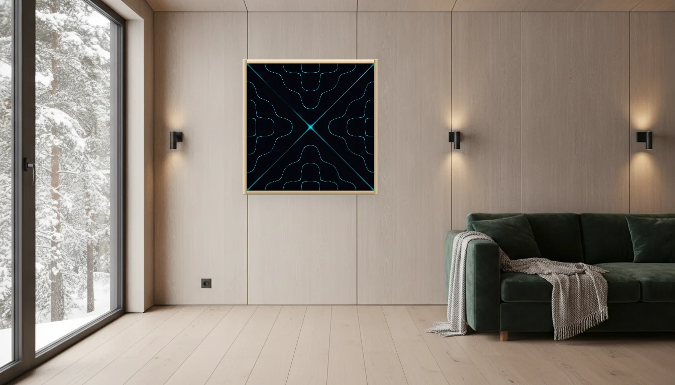 A Lumen & Logic artwork hanging in a Nordic hotel interior — Forest lodge · Lapland