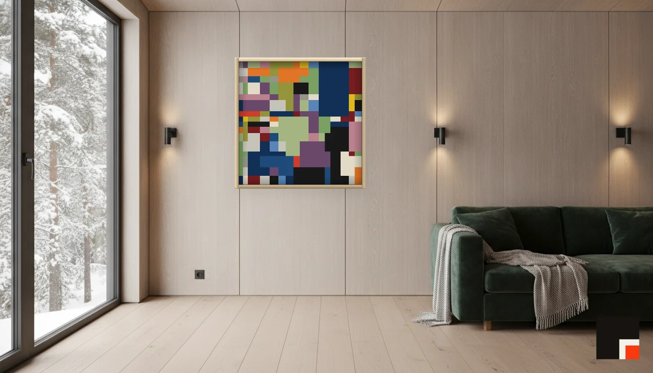 A Lumen & Logic artwork hanging in a Nordic hotel interior — Forest lodge · Lapland
