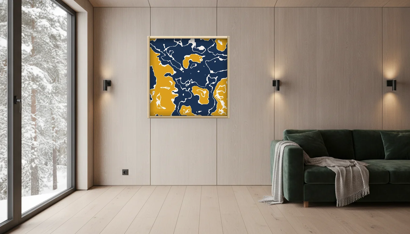 A Lumen & Logic artwork hanging in a Nordic hotel interior — Forest lodge · Lapland