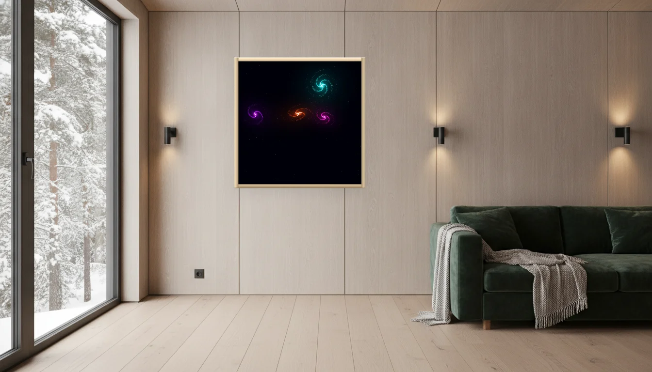 A Lumen & Logic artwork hanging in a Nordic hotel interior — Forest lodge · Lapland