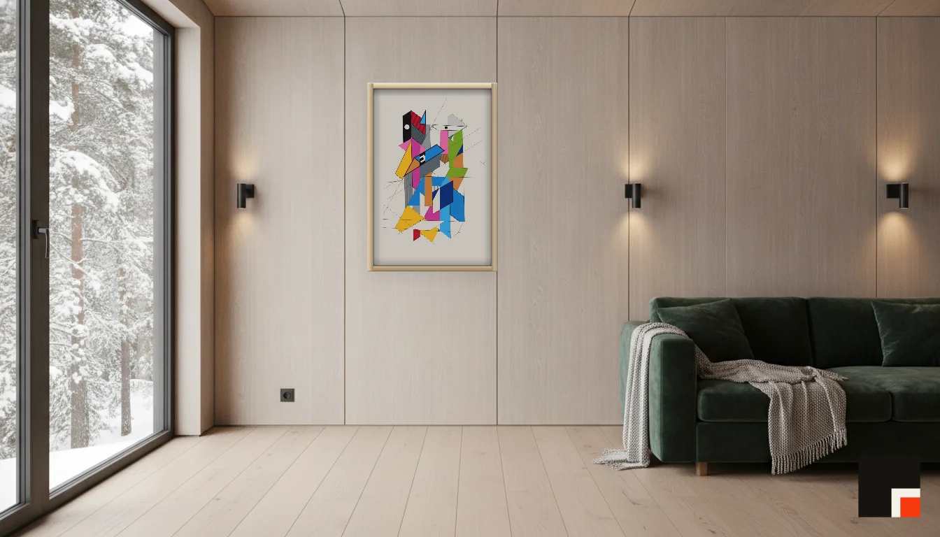 A Lumen & Logic artwork hanging in a Nordic hotel interior — Forest lodge · Lapland