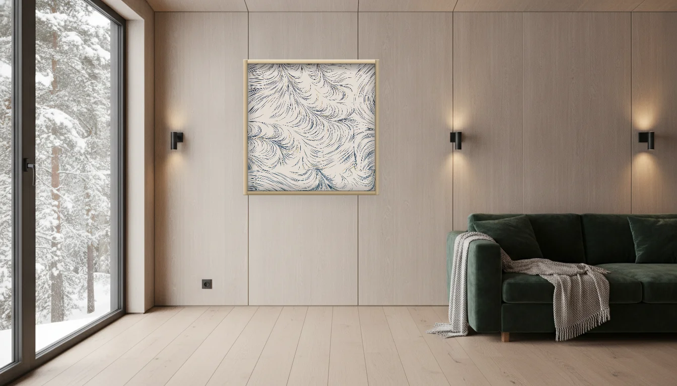 A Lumen & Logic artwork hanging in a Nordic hotel interior — Forest lodge · Lapland
