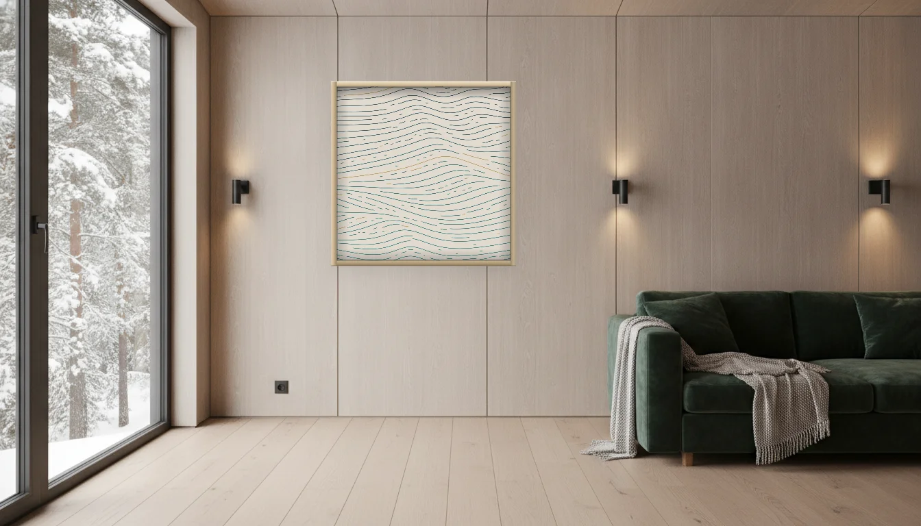 A Lumen & Logic artwork hanging in a Nordic hotel interior — Forest lodge · Lapland
