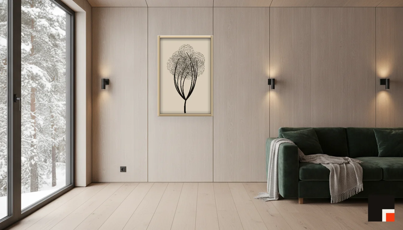A Lumen & Logic artwork hanging in a Nordic hotel interior — Forest lodge · Lapland