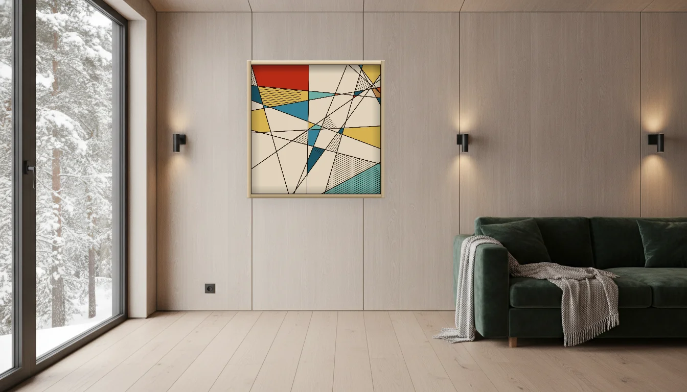 A Lumen & Logic artwork hanging in a Nordic hotel interior — Forest lodge · Lapland