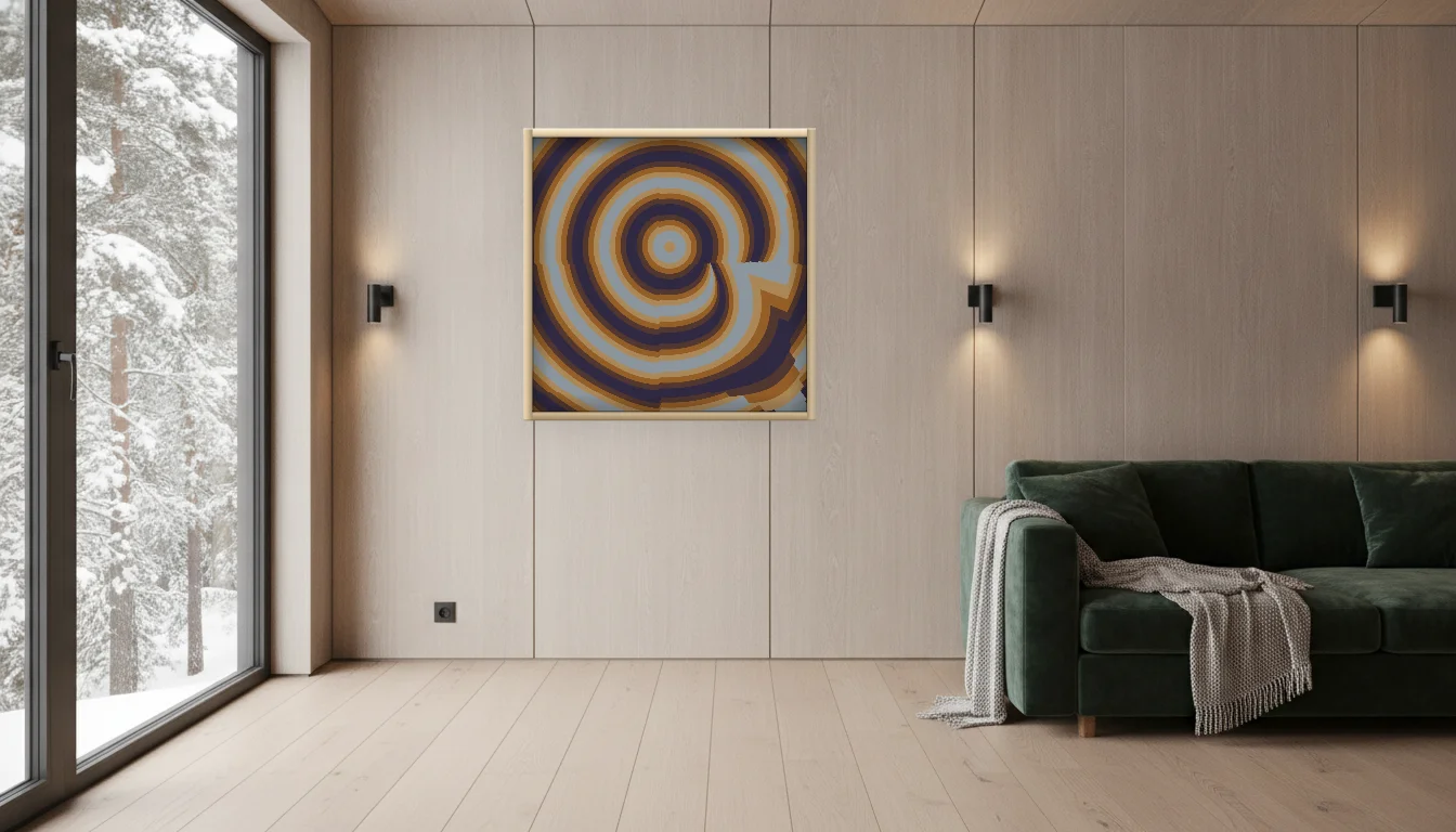 A Lumen & Logic artwork hanging in a Nordic hotel interior — Forest lodge · Lapland