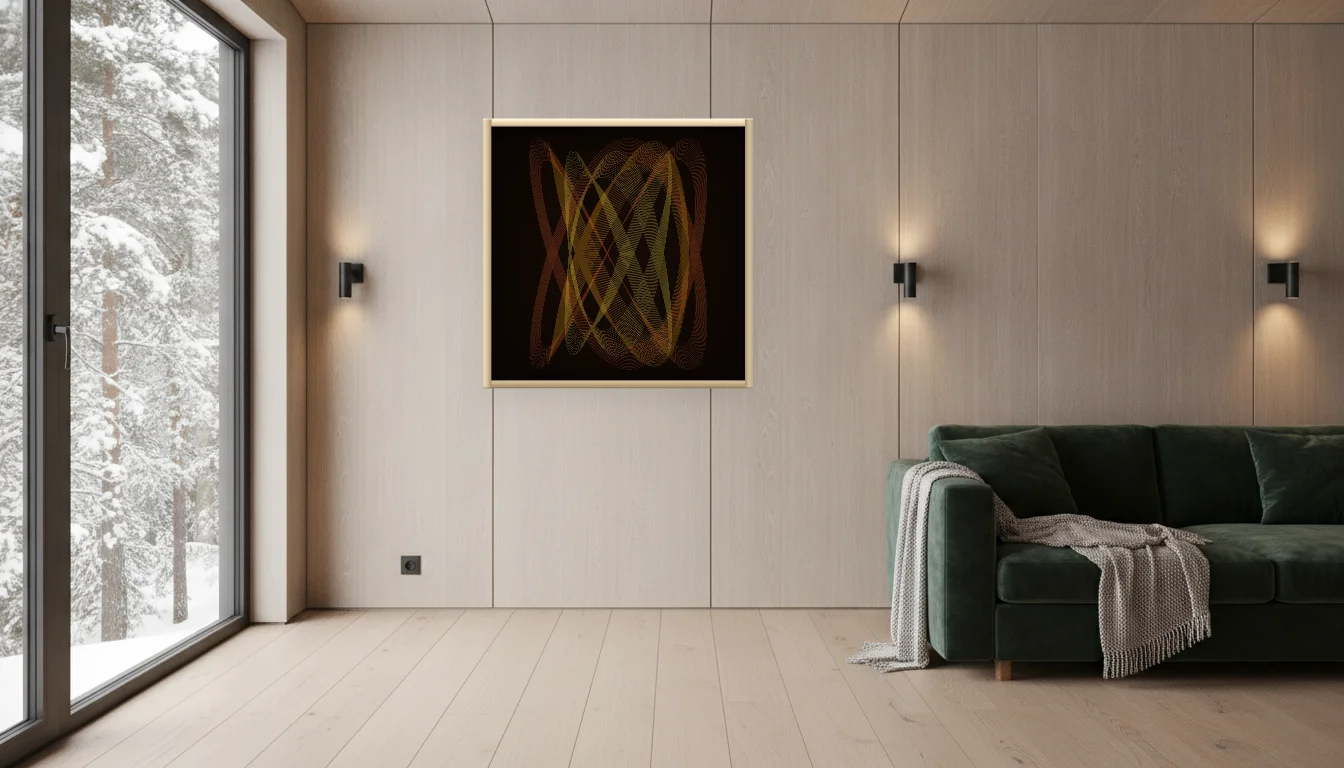 A Lumen & Logic artwork hanging in a Nordic hotel interior — Forest lodge · Lapland