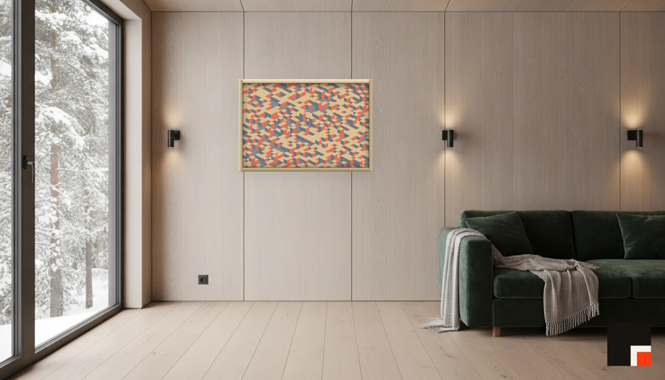 A Lumen & Logic artwork hanging in a Nordic hotel interior — Forest lodge · Lapland