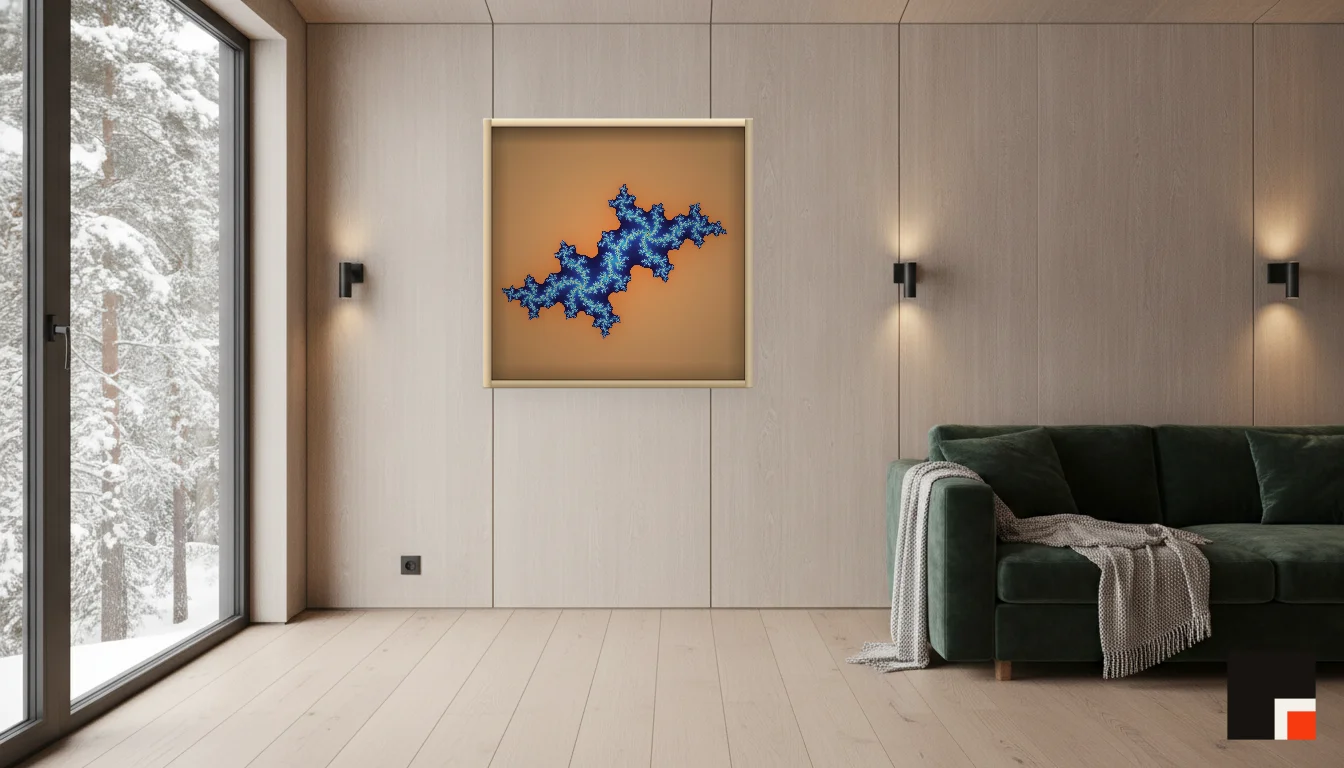A Lumen & Logic artwork hanging in a Nordic hotel interior — Forest lodge · Lapland