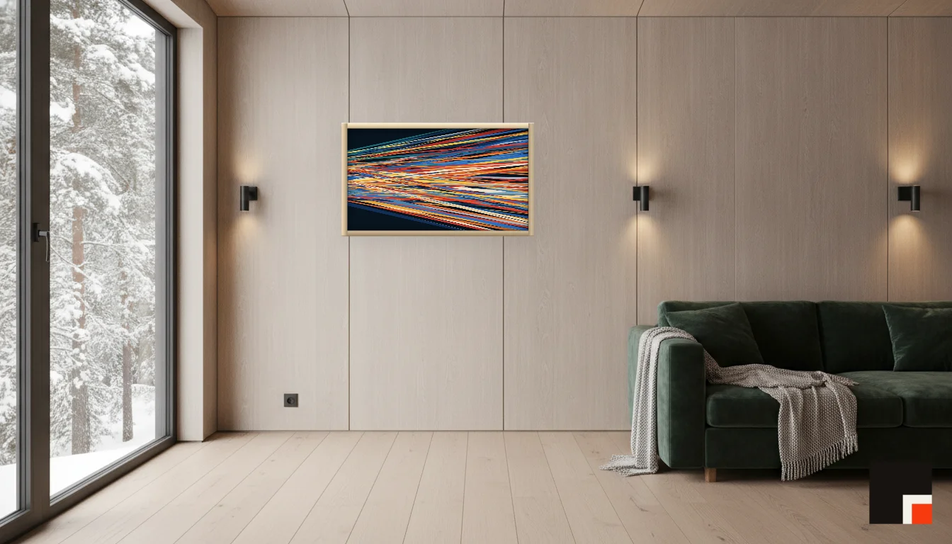 A Lumen & Logic artwork hanging in a Nordic hotel interior — Forest lodge · Lapland