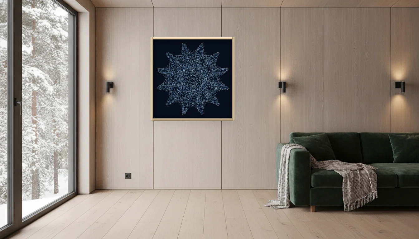 A Lumen & Logic artwork hanging in a Nordic hotel interior — Forest lodge · Lapland