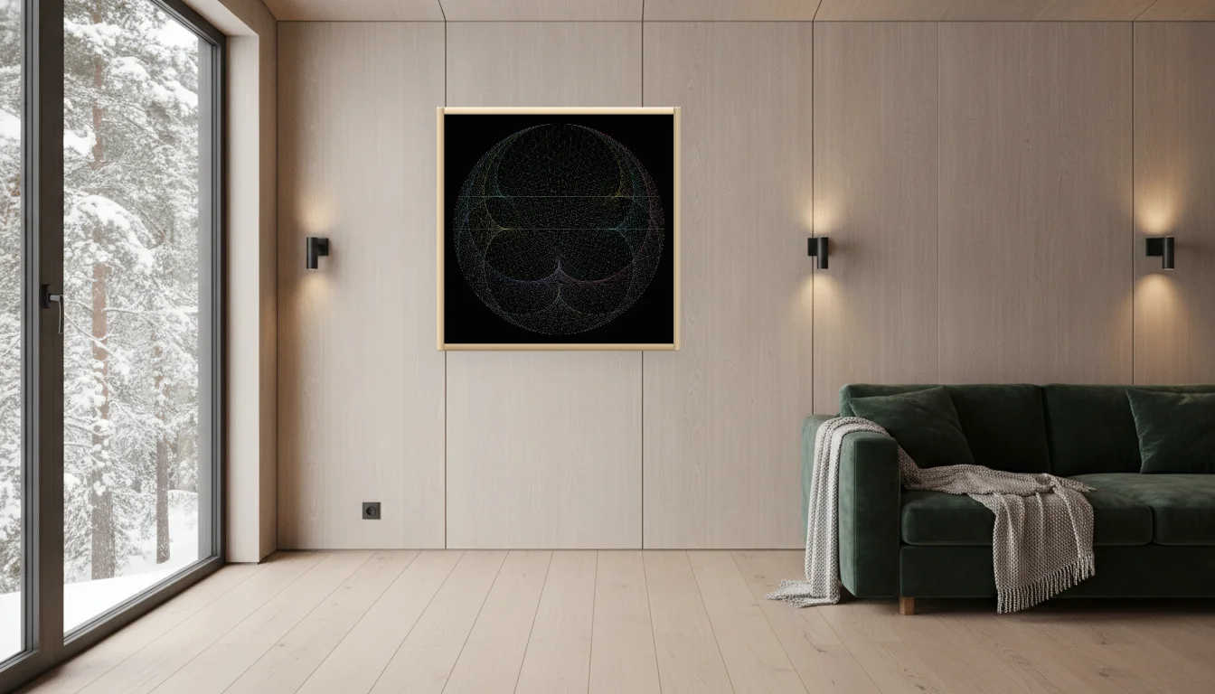 A Lumen & Logic artwork hanging in a Nordic hotel interior — Forest lodge · Lapland