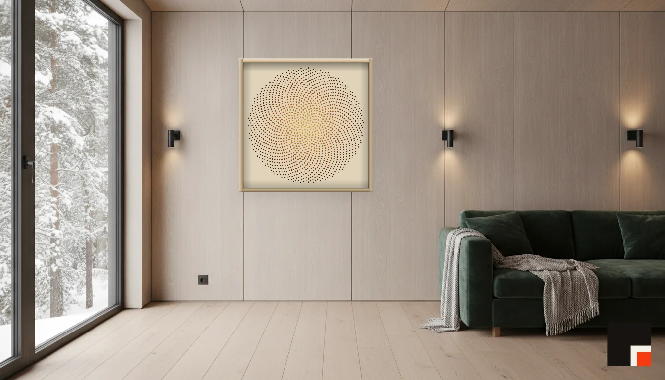 A Lumen & Logic artwork hanging in a Nordic hotel interior — Forest lodge · Lapland
