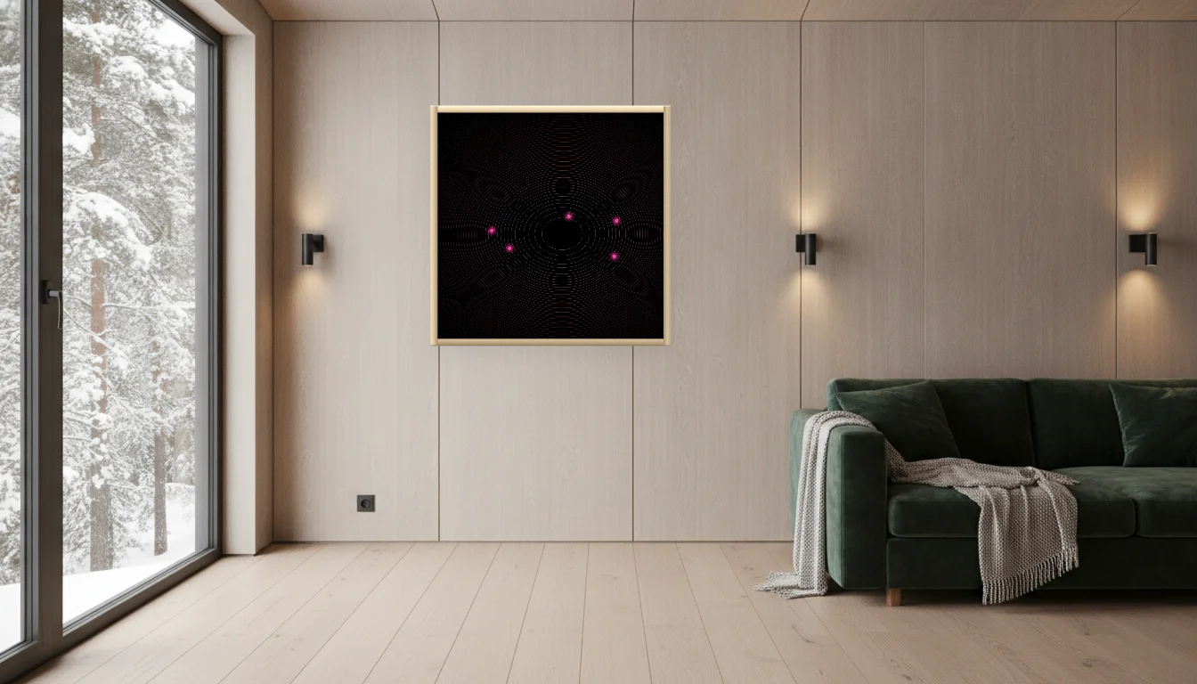 A Lumen & Logic artwork hanging in a Nordic hotel interior — Forest lodge · Lapland