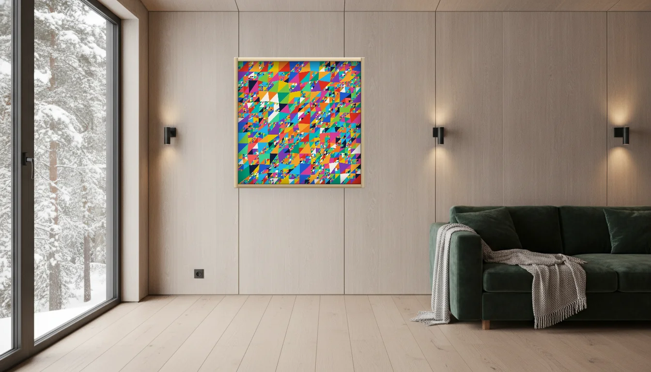 A Lumen & Logic artwork hanging in a Nordic hotel interior — Forest lodge · Lapland