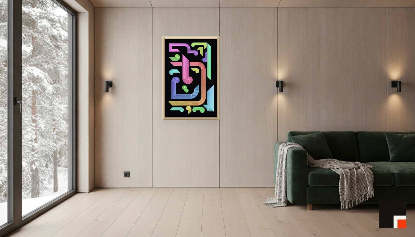 A Lumen & Logic artwork hanging in a Nordic hotel interior — Forest lodge · Lapland