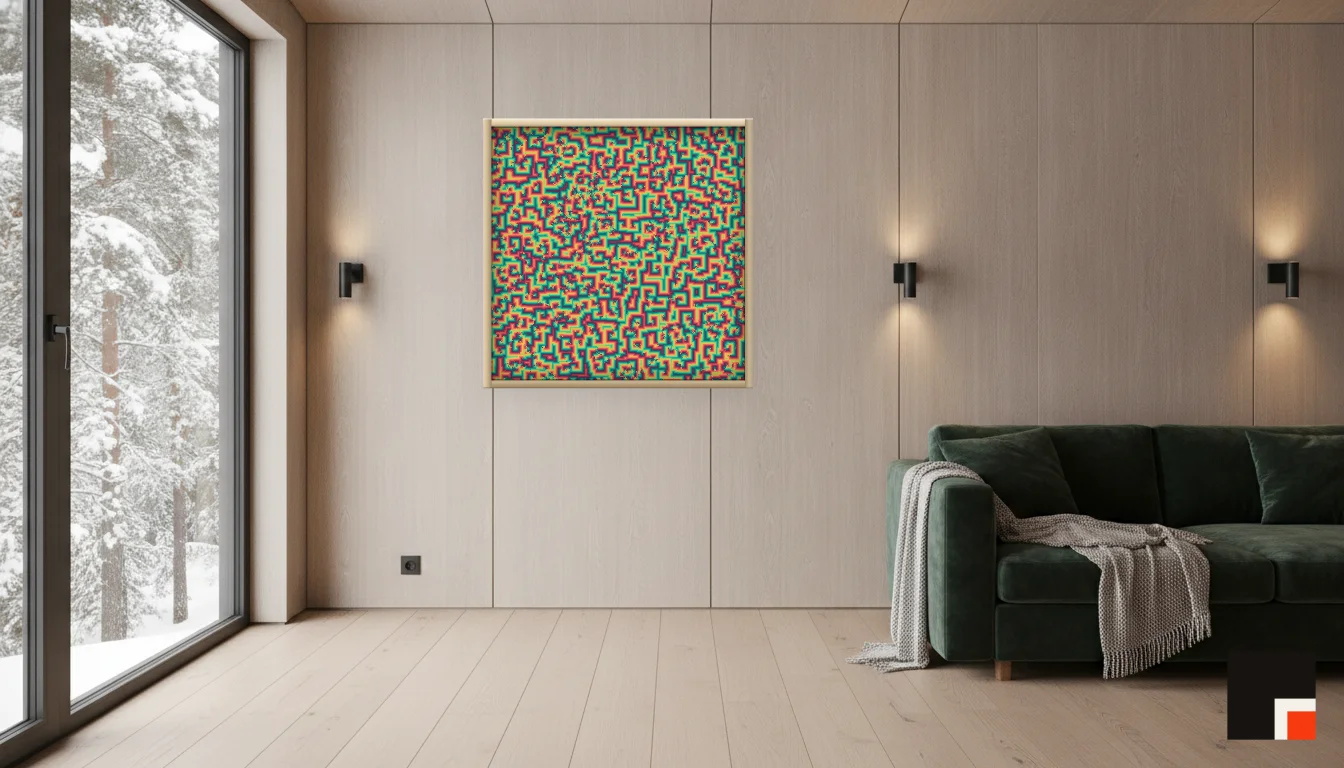 A Lumen & Logic artwork hanging in a Nordic hotel interior — Forest lodge · Lapland