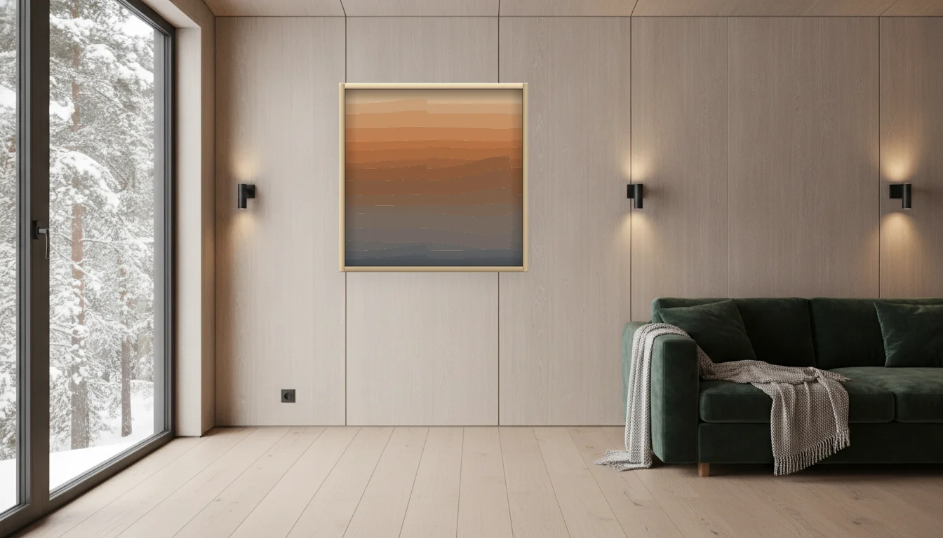 A Lumen & Logic artwork hanging in a Nordic hotel interior — Forest lodge · Lapland