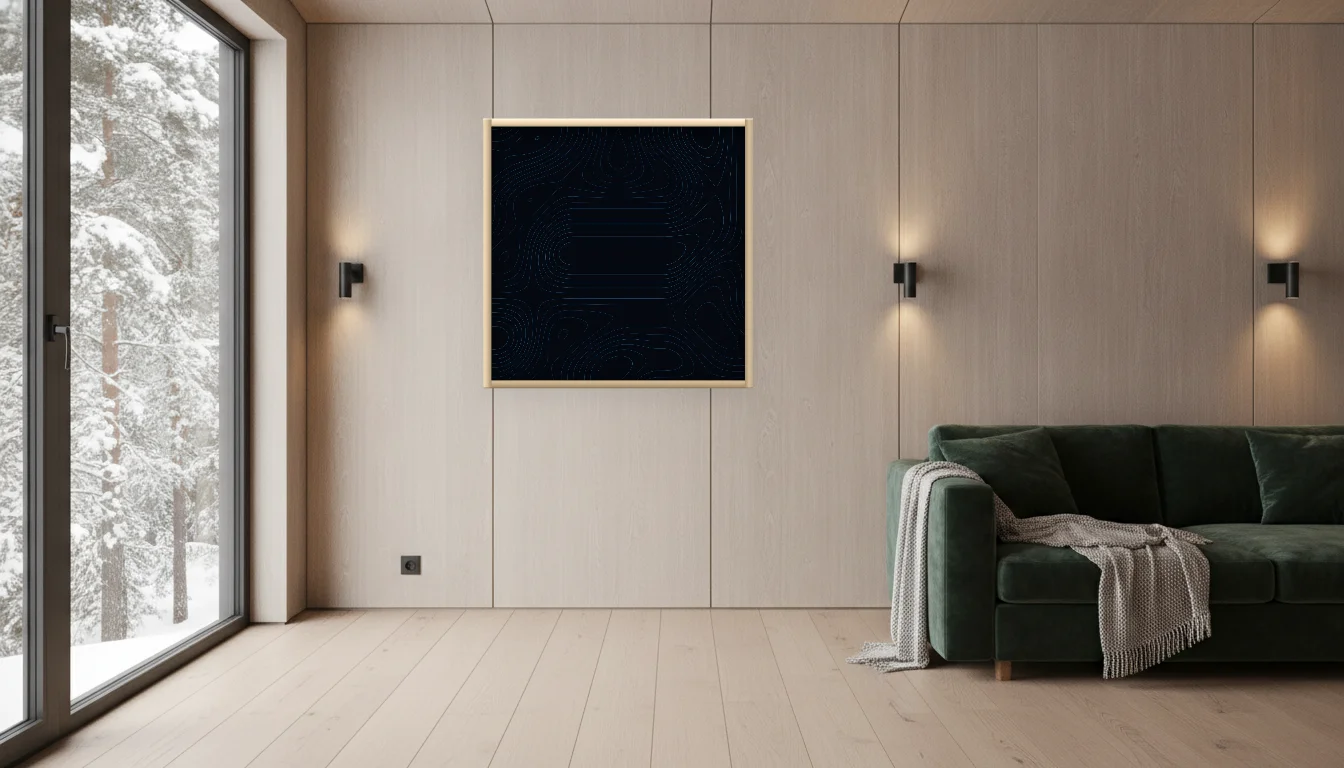 A Lumen & Logic artwork hanging in a Nordic hotel interior — Forest lodge · Lapland